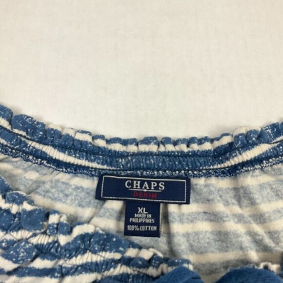 Chaps Womens Cotton Peasant Top Blue Ivory Stripe Short Sleeve Neck Tie Shirt XL - Picture 4 of 10